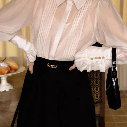 Load image into Gallery viewer, Solid Spliced Folds Fashion Shirts for Women Lapel Long Sleeves Patchwork Buttons Minimalsit Shirt Female Clothing
