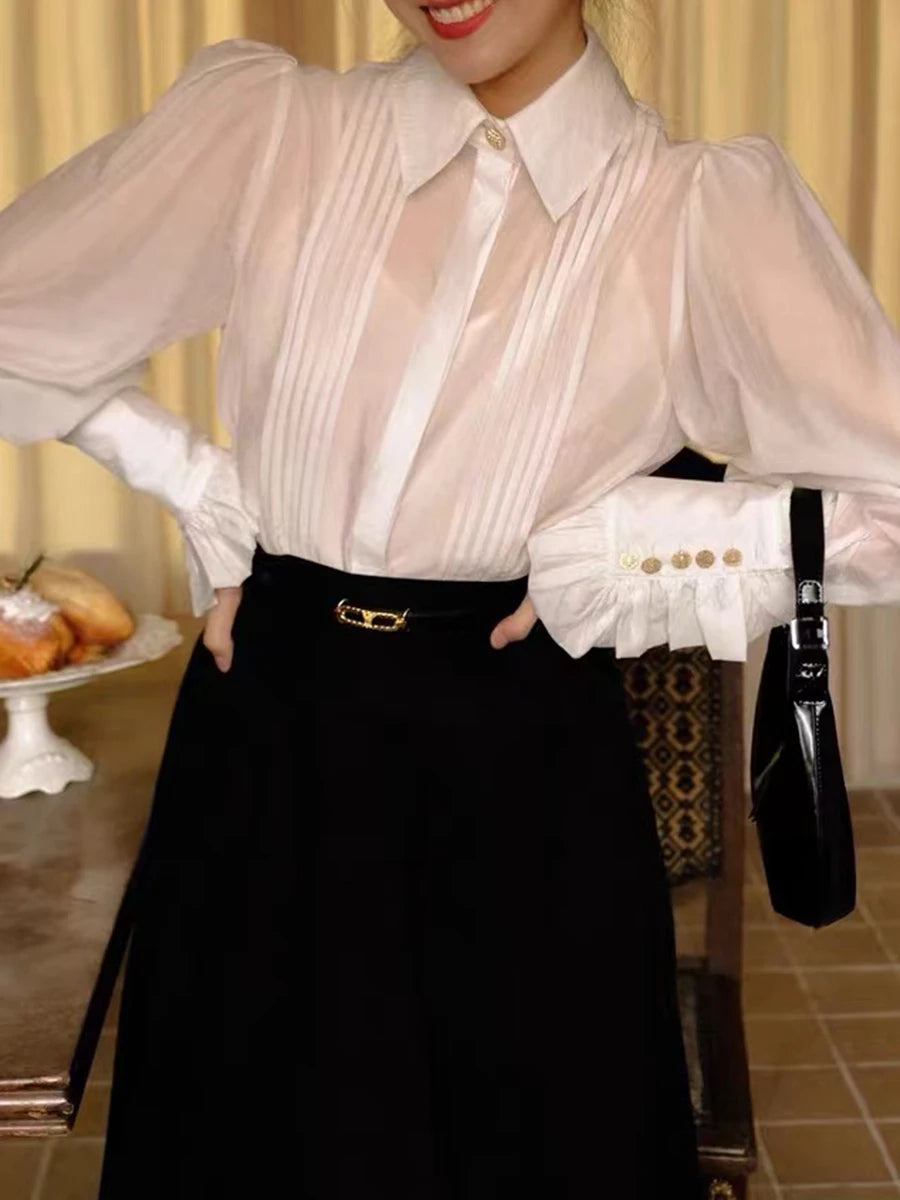 Solid Spliced Folds Fashion Shirts for Women Lapel Long Sleeves Patchwork Buttons Minimalsit Shirt Female Clothing