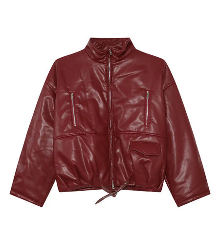 High Street Men's Padded Coats PU Leather Belt Stand Collar Zipper Patchwork Solid Color Casual Thick Male Jackets 9C8738