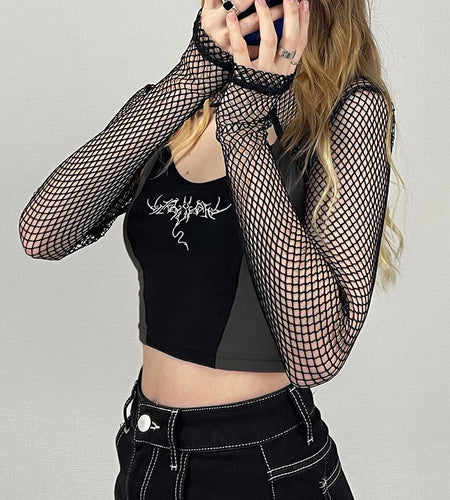 Harajuku Print Summer Smock Top Camisole Two Pieces Set Gothic Dark Hollow Out Party Women T shirts Women Academia