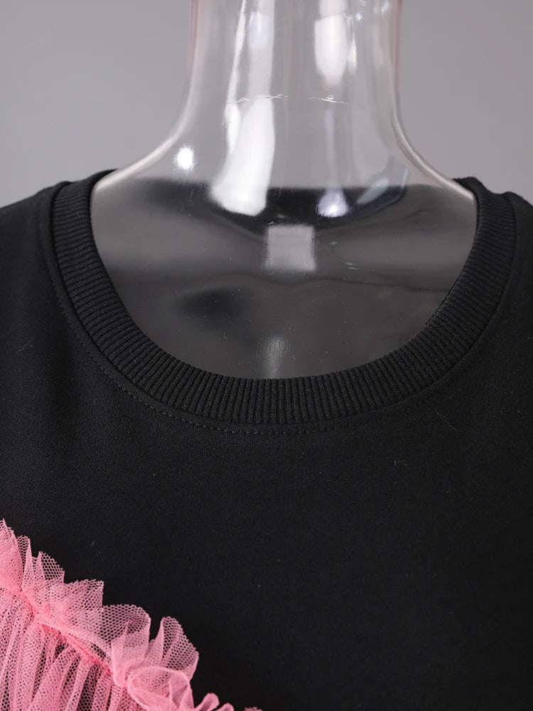 Women Balck Mesh Ruffles Irregular Big Size Mini Dress New Round Neck Long Sleeve Fashion Tide Spring Autumn 2025 CPG3045
