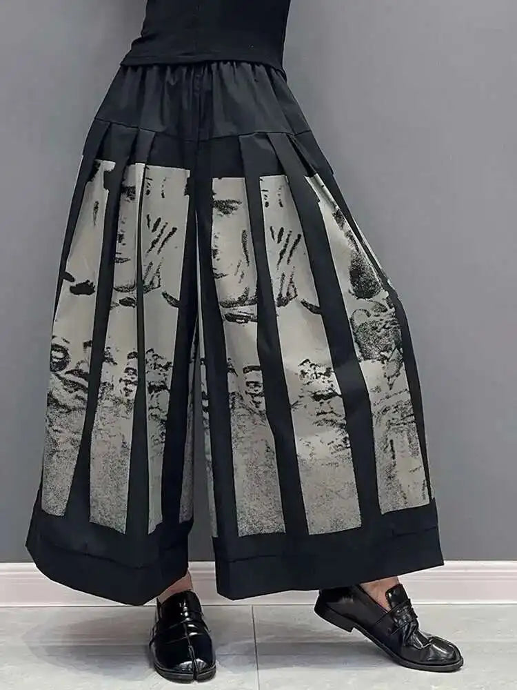 High Elastic Waist Black Printed Pleated Long Wide Leg Pants New Trousers Women Fashion Tide Spring Autumn 2025 1DF6290