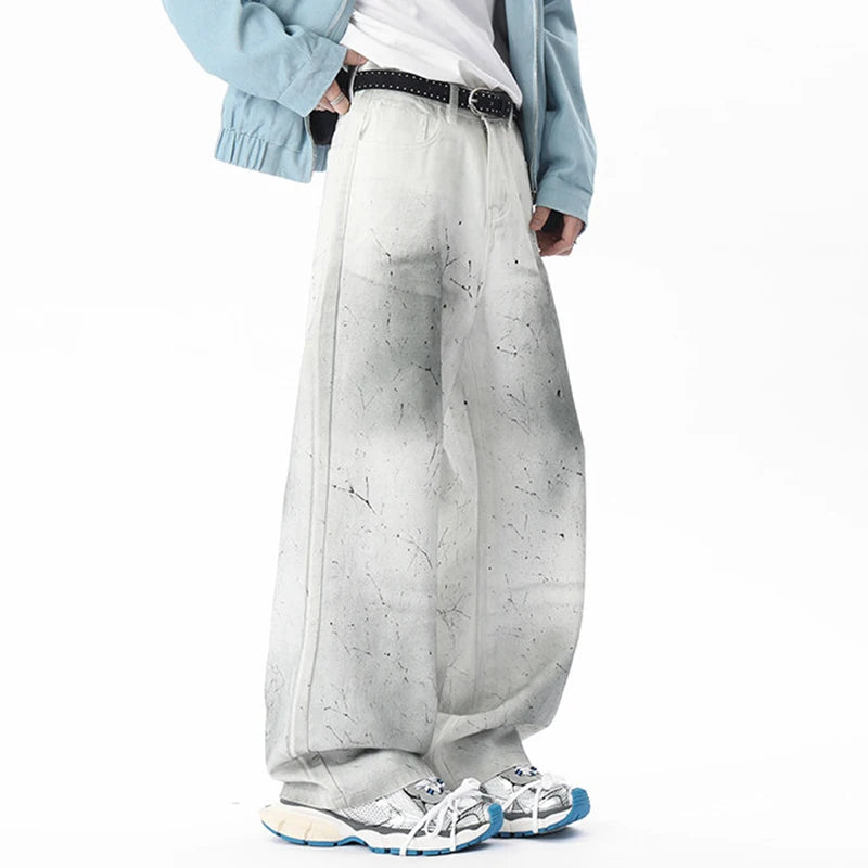 Men's Jeans New Summer Korean Tie-dyed Paint Dot Splash Ink White Casual Handsome Straight Leg Male Bottoms 9W1675