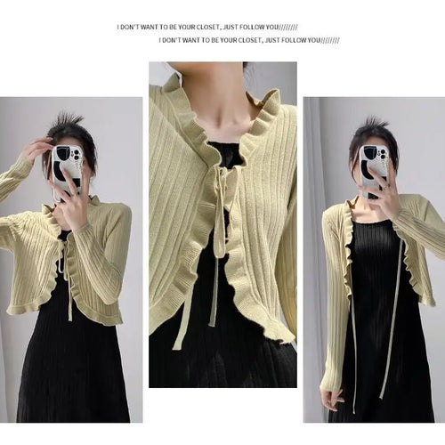Load image into Gallery viewer, New Spring Summer Solid Long Sleeved Festival Elegant Slim Cardigan Knitted Tops Ladies Sun Protection Lace-up Ruffle Edge Coat
