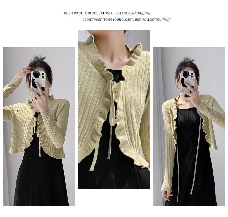 New Spring Summer Solid Long Sleeved Festival Elegant Slim Cardigan Knitted Tops Ladies Sun Protection Lace-up Ruffle Edge Coat