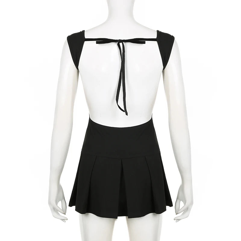 Fashion Backless Black Tie Up Sexy Dress Mini Korean Style A-Line Summer Dresses Female Y2K Clothes Sundress Elegant