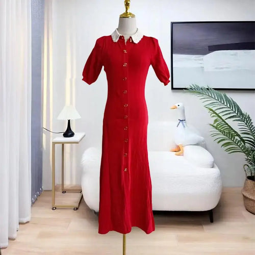 Load image into Gallery viewer, French Fashion Women Black Doll Collar Single Breasted Knitted Dress Spring Summer Red Elegant Short Sleeves Holiday Long Dress
