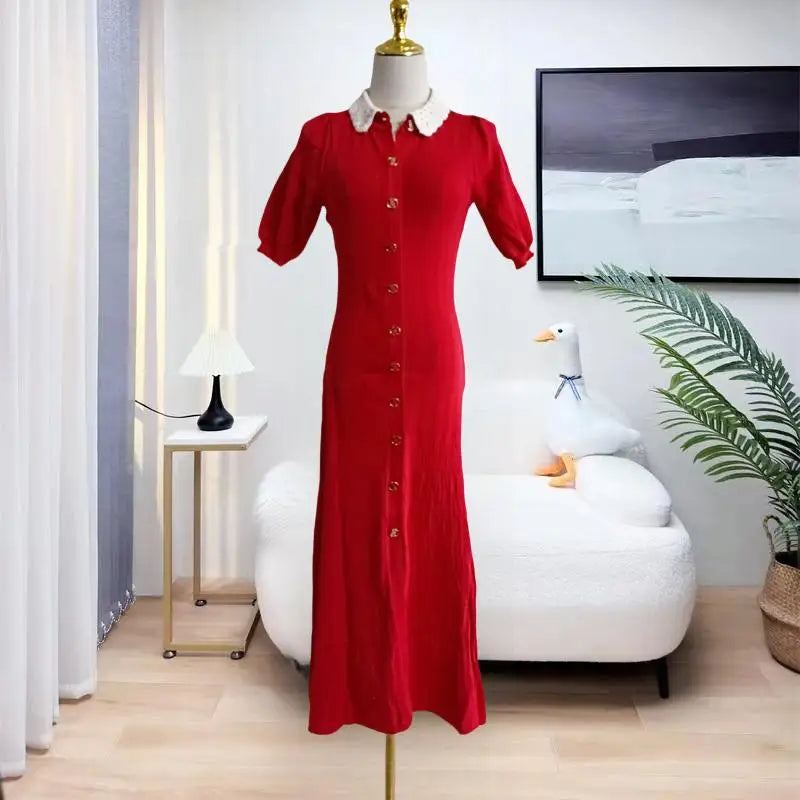 French Fashion Women Black Doll Collar Single Breasted Knitted Dress Spring Summer Red Elegant Short Sleeves Holiday Long Dress