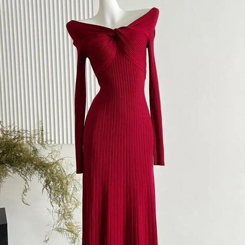 Load image into Gallery viewer, French Women's Autumn Winter White Elegant Slim Knitted Sweater Dress Khaki Red Long Sleeved Office Pleated Dress Fashion Simple
