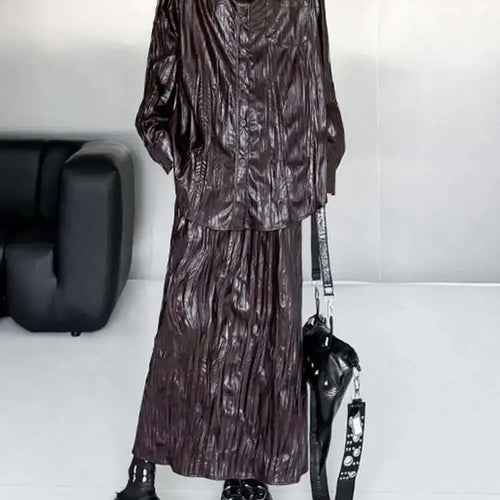 Load image into Gallery viewer, Wine Red Leather Shirt Half-body Skirt Two Pieces Suit New Lapel Long Sleeve Women Fashion Tide Spring Autumn 2025 1DH6880
