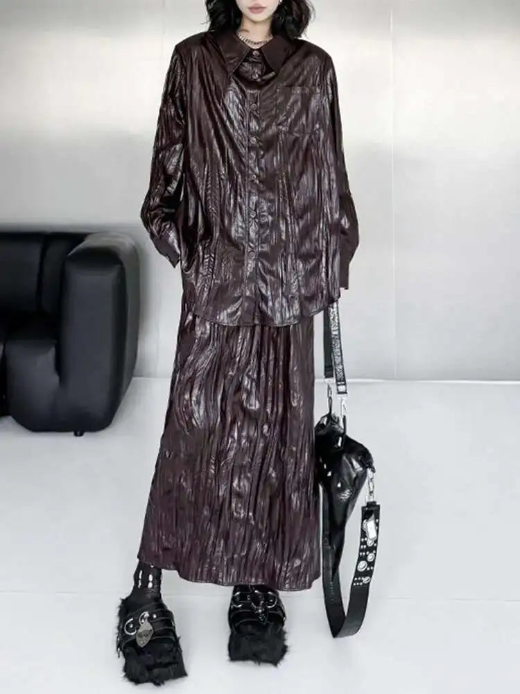 Wine Red Leather Shirt Half-body Skirt Two Pieces Suit New Lapel Long Sleeve Women Fashion Tide Spring Autumn 2025 1DH6880