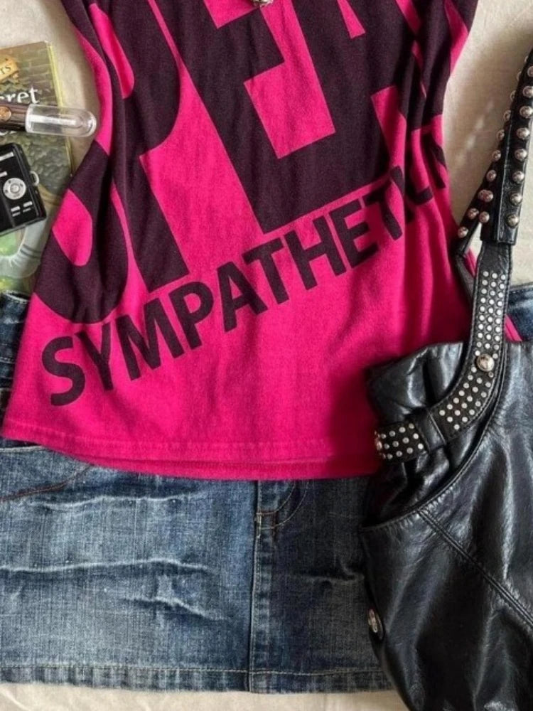 2025 Summer Letter Printing T-shirts Y2k Aesthetic Vintage Casual Fairy Cropped Tops Women Harajuku Grunge Bodycon Rose Red Tees