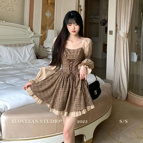 Load image into Gallery viewer, Vintage Plaid Striped Bandage Kawaii Dress Party Lolita Elegant Birthday Preppy Style School Student Dresses Y2K
