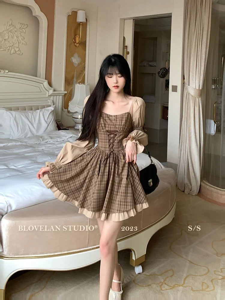 Vintage Plaid Striped Bandage Kawaii Dress Party Lolita Elegant Birthday Preppy Style School Student Dresses Y2K