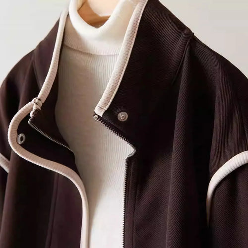 Load image into Gallery viewer, Autumn Fashion Women Brown Patchwork Short Jacket Korean Long Sleeve Zipper Coat Loose Casual Holiday Tops Popular Streetwear
