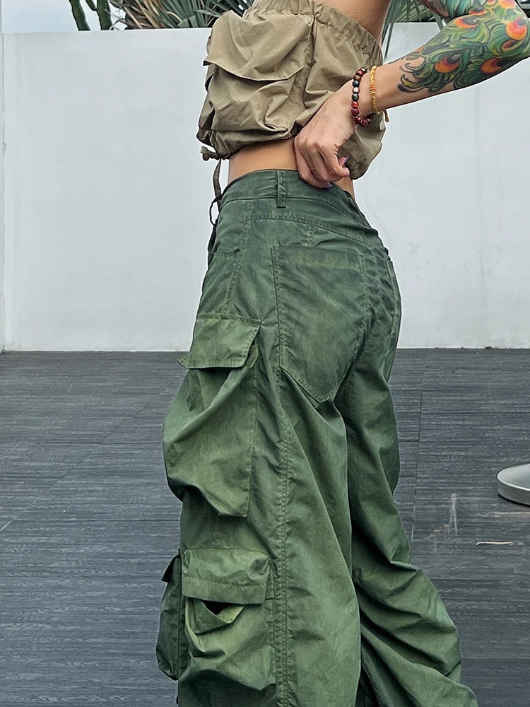 Solid Loose Pants For Women High Waist Patchwork Pockets Casual Streetwear Cargo Pant Female Fashion Clothing
