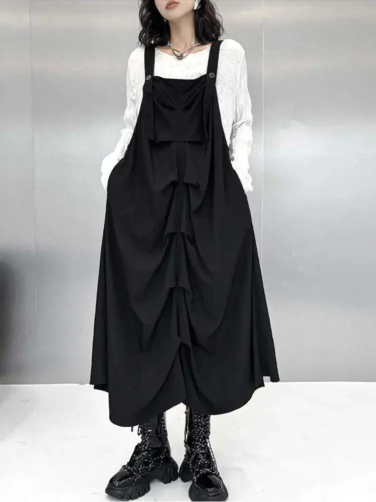Women Black Pleated Irregular Big Size Strap Dress New Square Collar Sleeveless Fashion Tide Spring Autumn 2025 1DH6829