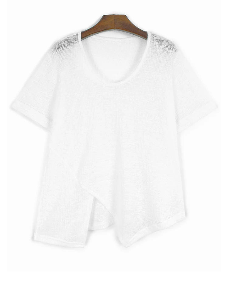 Women Black Thin Perspective Big Size Irregular T-shirt New Round Neck Short Sleeve Fashion Spring Summer 2025 1DJ1127