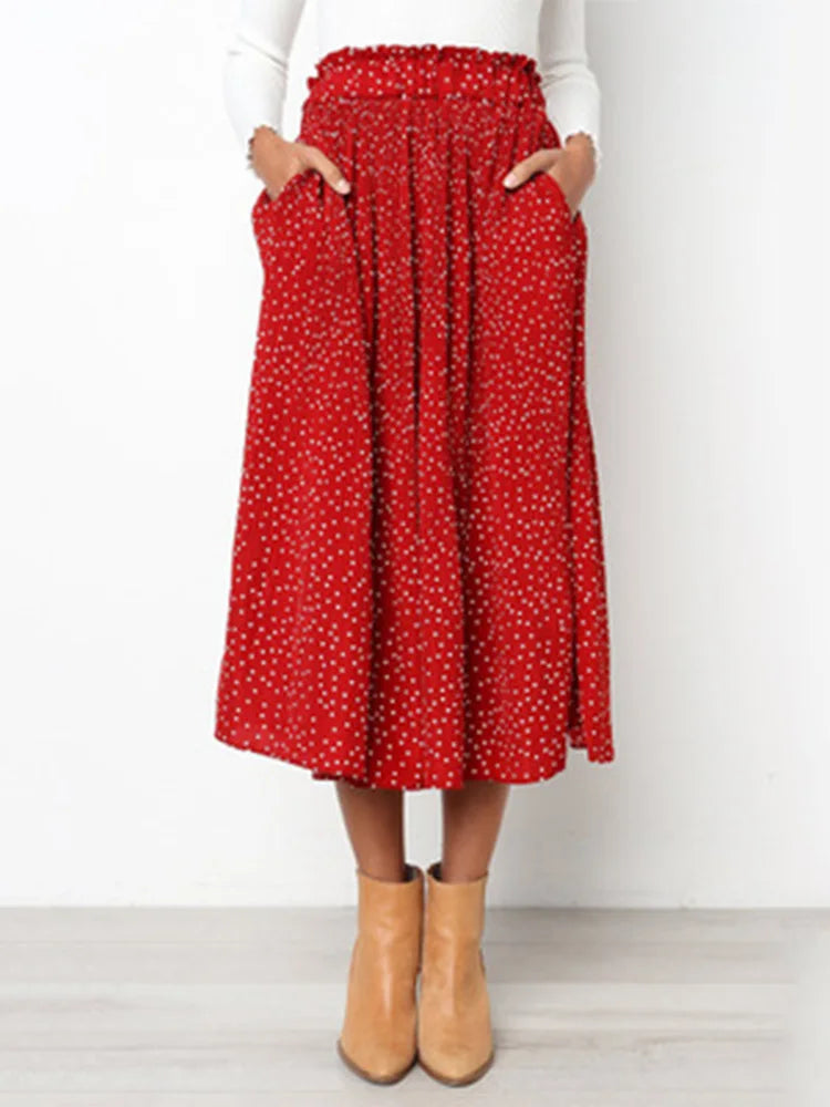 Summer Autumn Casual Chiffon Print Pockets High Waist Pleated Maxi Skirt Womens Long Skirts For Women