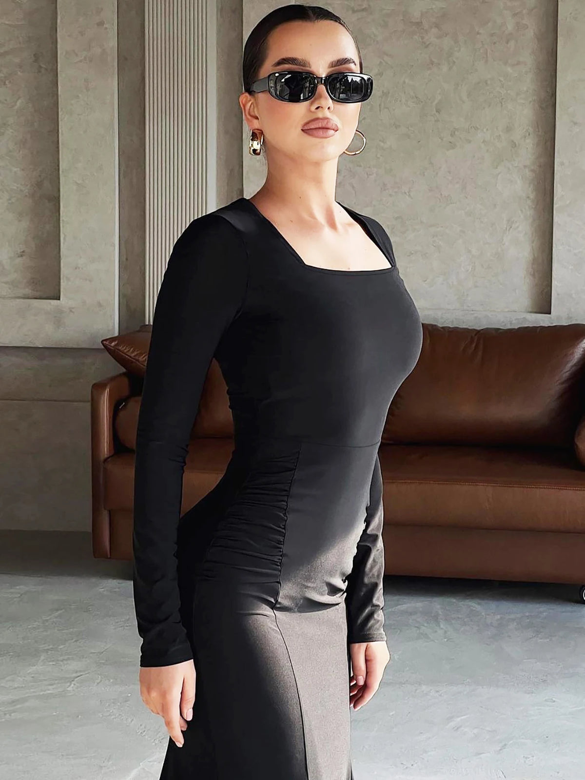 Elegant Solid Square Neck Midi Dress Long Sleeves Ruched Bodycon Women Dresses Cocktail Party Formal Event Wedding Guest