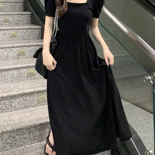 Load image into Gallery viewer, French Style Black Elegant Slim Women Dress Puff Sleeve Square Neck Split Fashion Female Dresses Summer Solid Color Dress
