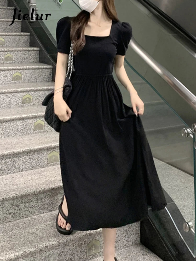 French Style Black Elegant Slim Women Dress Puff Sleeve Square Neck Split Fashion Female Dresses Summer Solid Color Dress