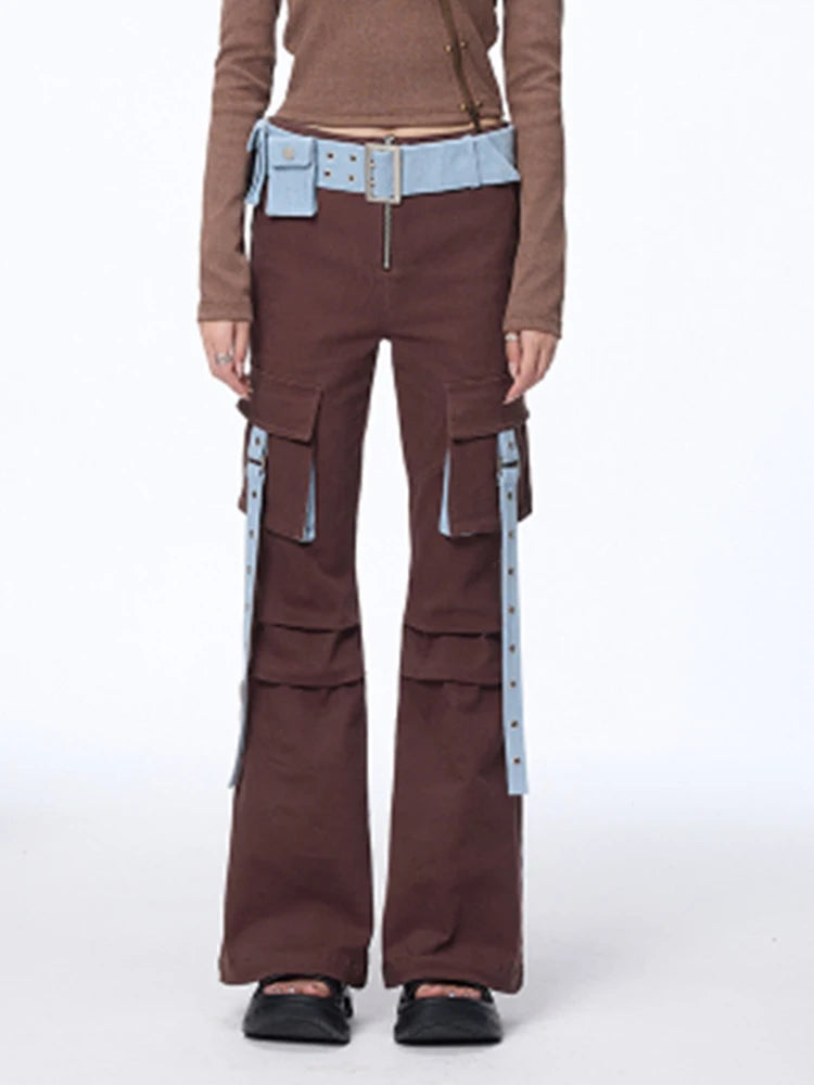 Colorblock Patchwork Pockets Cargo Flare Denim Pants For Women High Waist Spliced Belts Streetwear Jeans Female