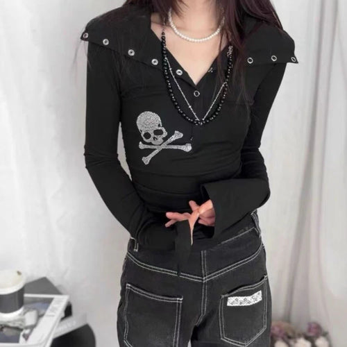 Load image into Gallery viewer, Y2k Aesthetic Diamond Skull Women T-shirt Gothic Punk Vintage Turn Down Collar Fairy Tshirts Streetwear Grunge Slim Fit Tees
