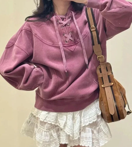 Spliced Bright Line Casual Sweatshirts for Women Square Neck Long Sleeves Patchwork Lace Up Sweatshirt Female New