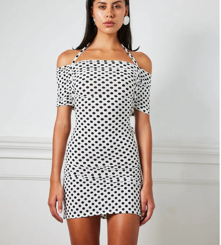 Elegant Sleeveless One Shoulder Elastic Tight Hollow Mini Dress Polka Dots Women Sexy Slimming Party Club Evening Dress