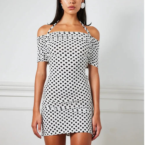 Load image into Gallery viewer, Elegant Sleeveless One Shoulder Elastic Tight Hollow Mini Dress Polka Dots Women Sexy Slimming Party Club Evening Dress
