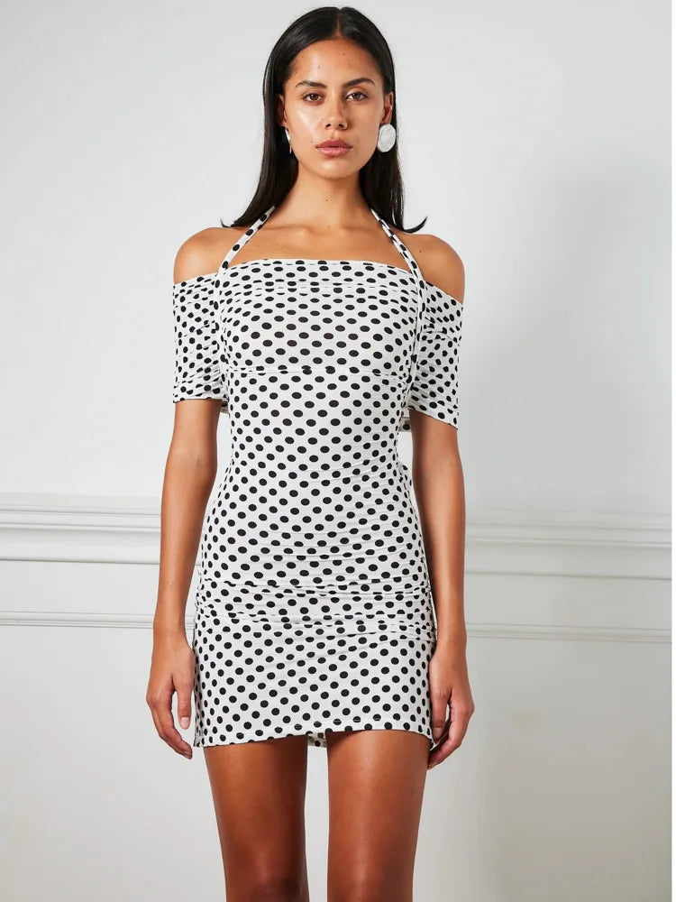 Elegant Sleeveless One Shoulder Elastic Tight Hollow Mini Dress Polka Dots Women Sexy Slimming Party Club Evening Dress