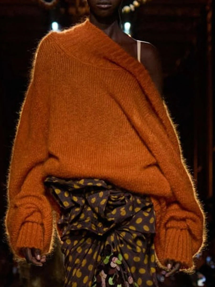 Solid Loose Irregular Sweaters for Women Diagonal Collar Long Sleeves Casual Sweater Female Fashion Clothing New