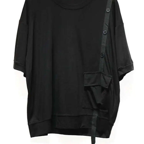 Load image into Gallery viewer, Women Black Irregular Button Pocket Big Size Casual T-shirt New Round Neck Short Sleeve Fashion Spring Summer 2025 1DJ0223
