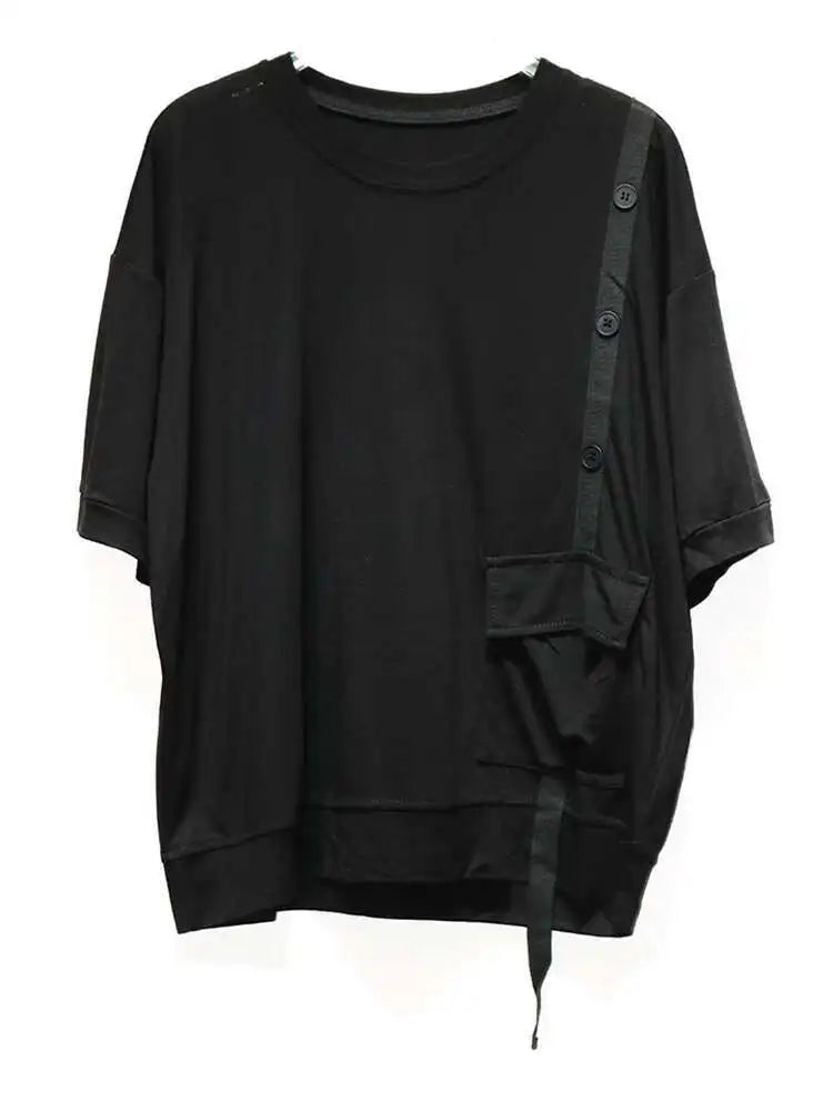 Women Black Irregular Button Pocket Big Size Casual T-shirt New Round Neck Short Sleeve Fashion Spring Summer 2025 1DJ0223