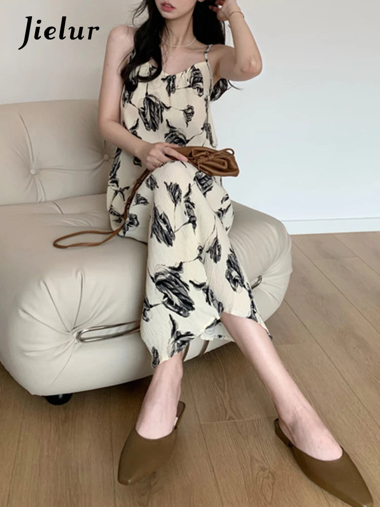 Beach Style Hollow Out Print Women's Dresses Spaghetti Strap Square Neck Fashion Female Dress Summer Elegant Chic Dress