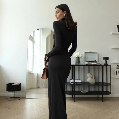 Load image into Gallery viewer, Turtleneck Thigh High Split Sexy Maxi Dress For Women Fashion Long Sleeve Draped Bandage Bodycon Club Long Dress
