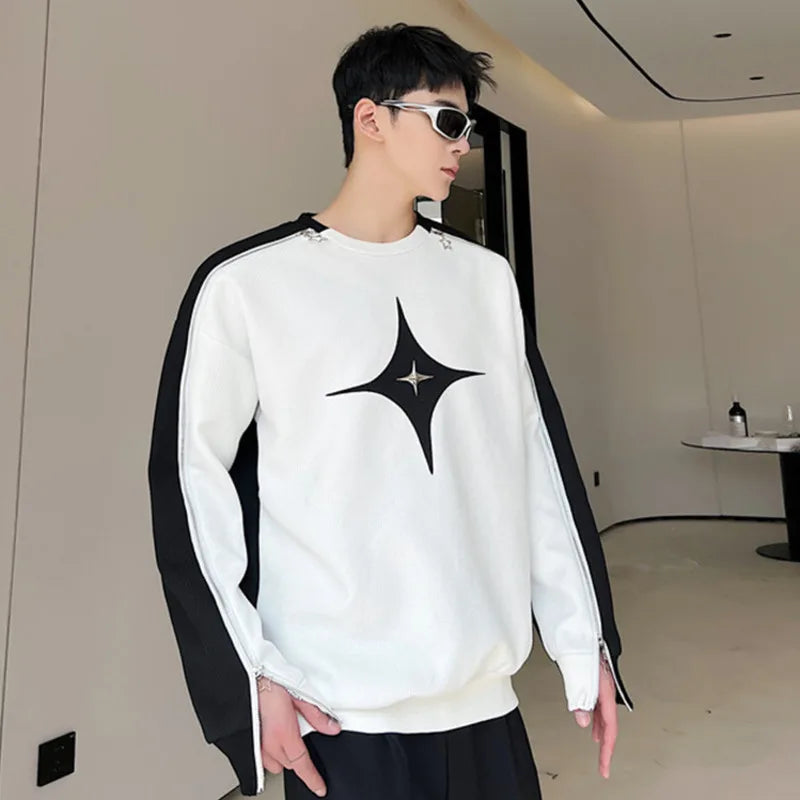 Men Hollow Out T-shirts New Trendy Contrast Color Zipper Niche Design Loose Casual Male Korean Fashion Top Patchwork 9A7261