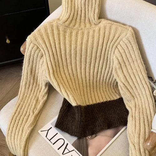 Load image into Gallery viewer, Korean Women Patchwork Pullover Sweater Autumn Winter Turtleneck Long Sleeve Slim Knitted Tops 2024 Ladies Casual Warm Clothing
