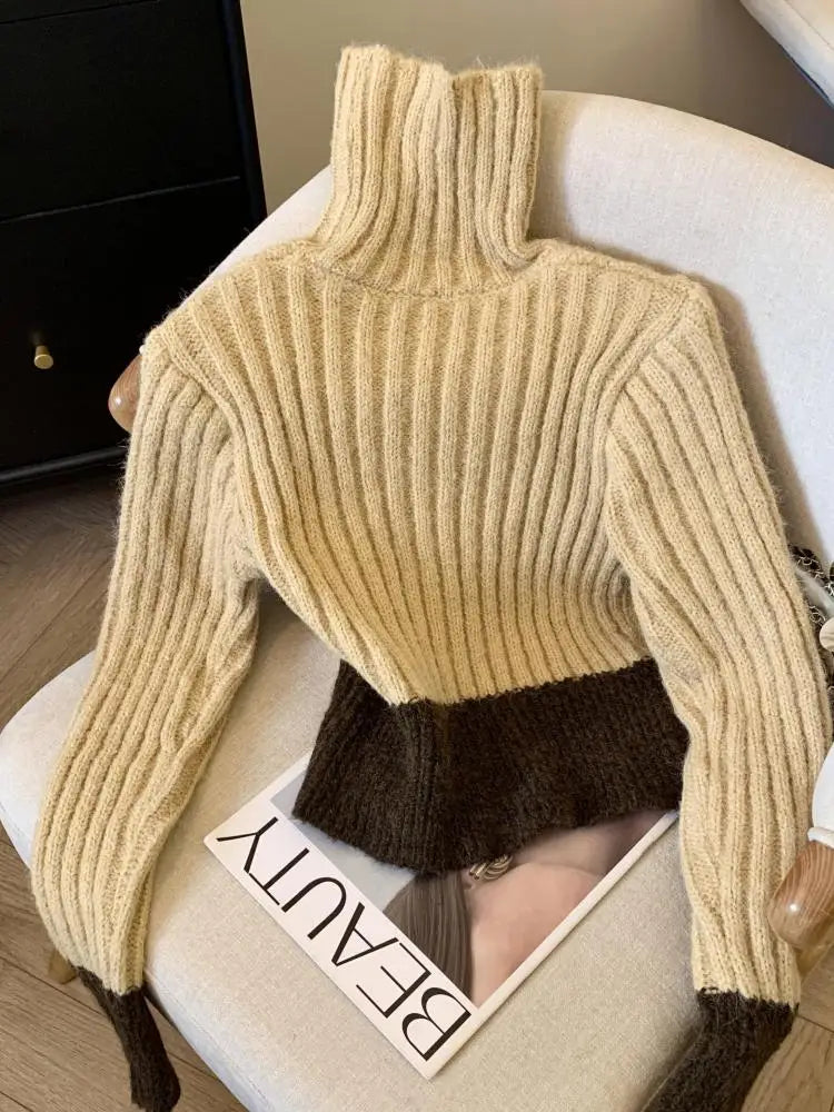 Korean Women Patchwork Pullover Sweater Autumn Winter Turtleneck Long Sleeve Slim Knitted Tops 2024 Ladies Casual Warm Clothing