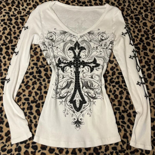 Load image into Gallery viewer, Harajuku Vintage Cross Printing T-shirts Streetwear White Y2k Aesthetic Loose Sexy Tshirts Women Grunge Diamond Autumn Tops
