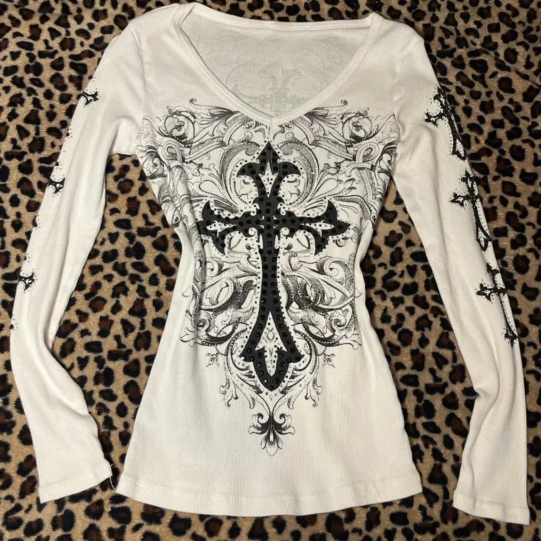 Harajuku Vintage Cross Printing T-shirts Streetwear White Y2k Aesthetic Loose Sexy Tshirts Women Grunge Diamond Autumn Tops