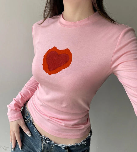 Sweet Pink Fitness Autumn Tee Women Long Sleeve Heart Print Basic T-shirts Coquette Clothes Korean Sweats Top Outfits