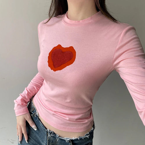 Load image into Gallery viewer, Sweet Pink Fitness Autumn Tee Women Long Sleeve Heart Print Basic T-shirts Coquette Clothes Korean Sweats Top Outfits
