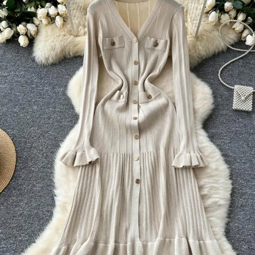 Load image into Gallery viewer, Autumn 2024 New Women Black White Single Breasted Slim Knitted Dress French Green Elegant V Neck Ruffles Long Sleeve Dress Trend
