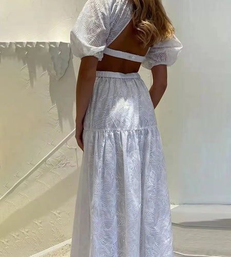 Casual Jacquard Dress For Women Stand Collar Short Puff Sleeve High Waist Cut Out Midi Dresses Female Fashion Clothing Style