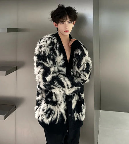 Korean Style Men's Cardigan V-neck Single Breasted Casual Sweaters Loose Patchwork Contrast Color Male Knits New Top 9C9370