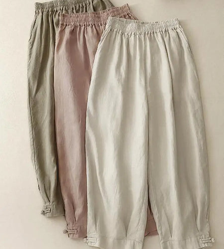 Summer Beige Cotton Straight Wide Leg Ankle-length Lantern Pants Women Pink Green Casual Loose Elastic High Waist Large Size New