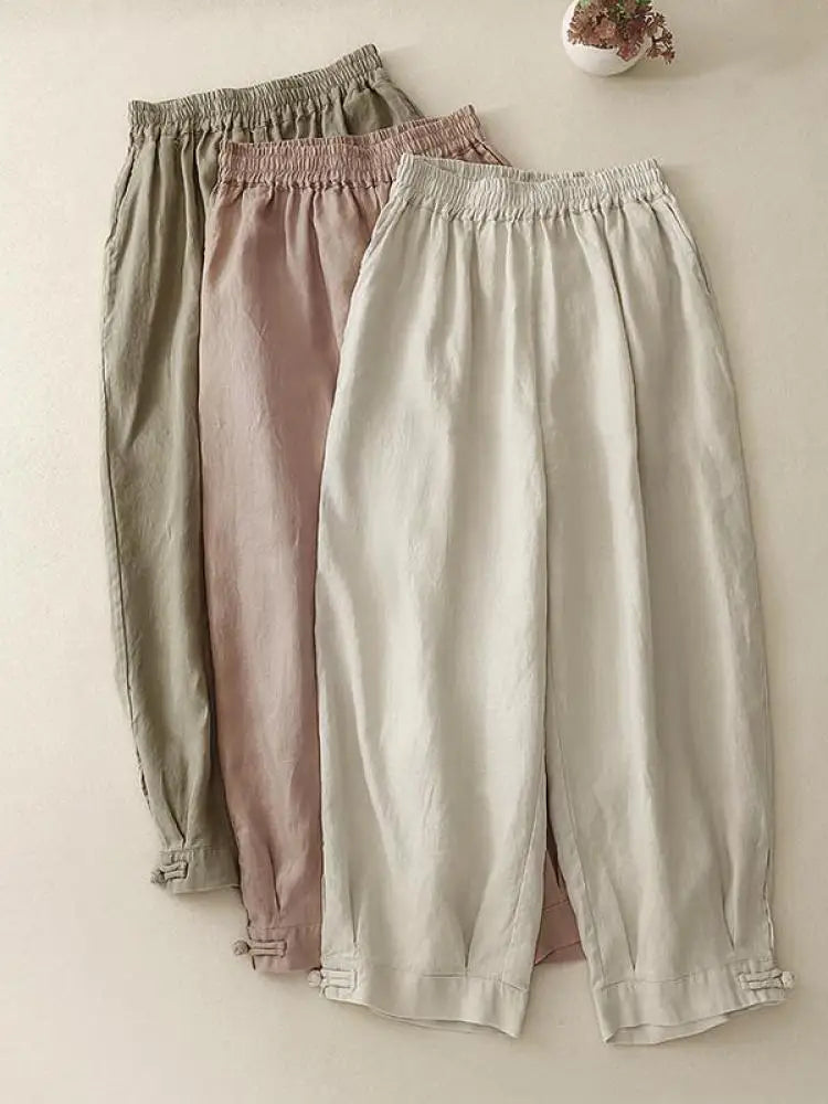 Summer Beige Cotton Straight Wide Leg Ankle-length Lantern Pants Women Pink Green Casual Loose Elastic High Waist Large Size New
