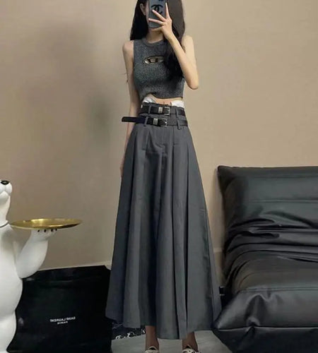 Korean Style High Waist All-match Long Skirt Women 2023 Summer Double Belt Skirts Woman Pleated Gray A Line Skirt Preppy Retro